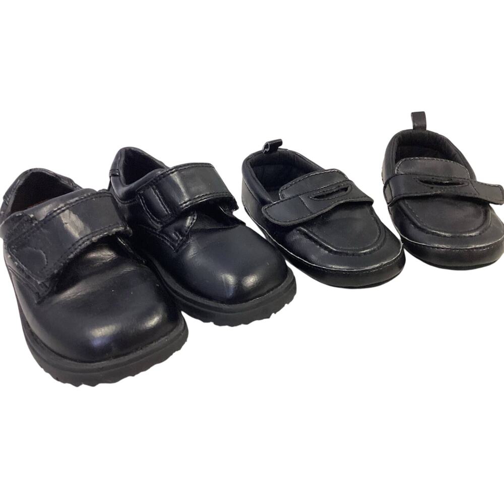 2 Pairs of Baby Boy Size 4 Black Formal Shiny Faux Leather Shoes Baby 8 & Toes